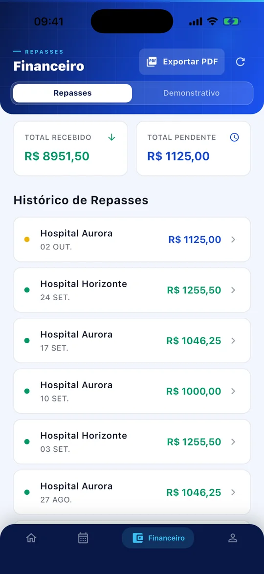 Tela de repasses do aplicativo OutMed