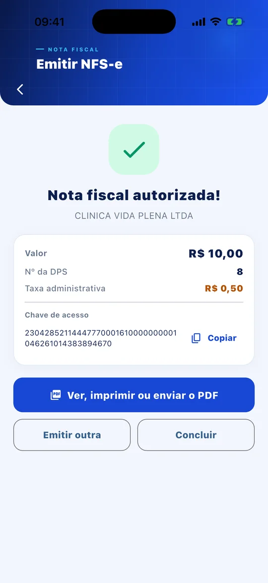 Nota fiscal autorizada no aplicativo OutMed